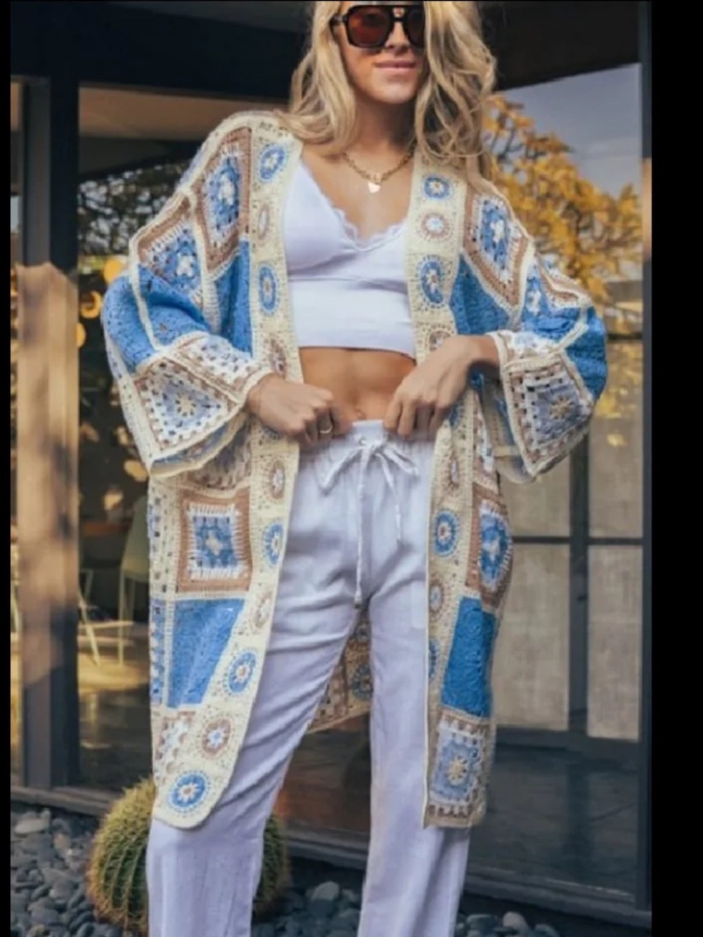 POL Crochet Patchwork Cardigan - Blue & Cream